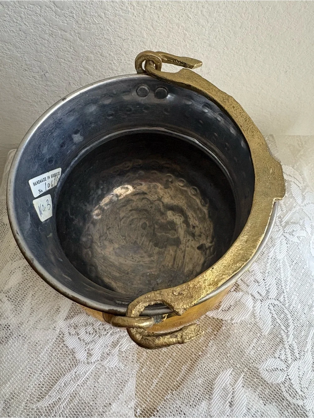Vintage Greek Brass handmade Hammered cauldron Bucket Planter w Handle #3